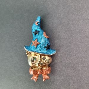Kirks Folly WIZARD CAT Rhinestone EYES Signed GOLDTONE BROOCH PIN HALLOWEEN HTF